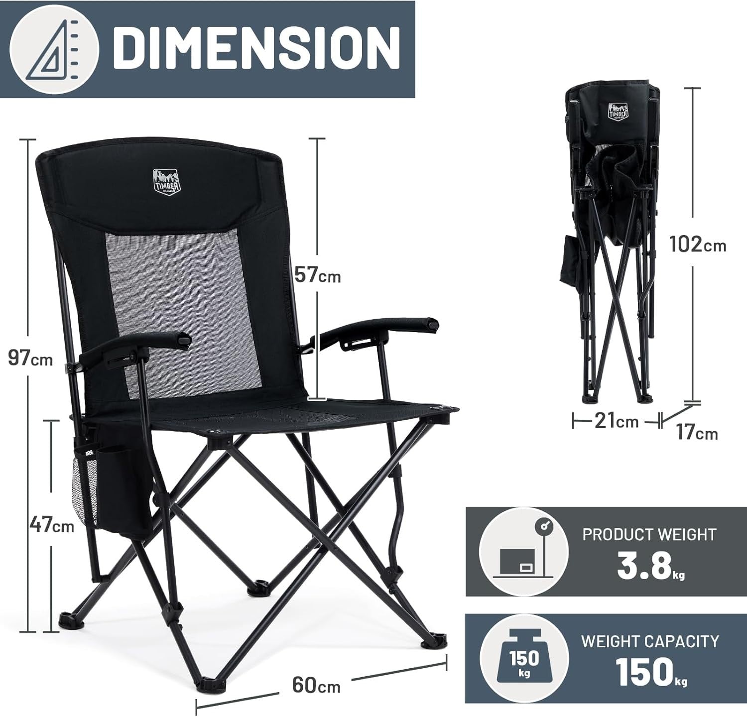 2x Folding Heavy Duty Camping Chairs 150kg Mesh Back Outdoor Garden BBQ