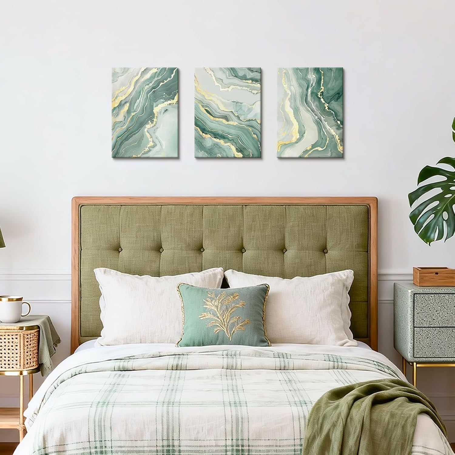 Set of 3 Sage Green Gold Abstract Canvas Wall Art 30x40cm