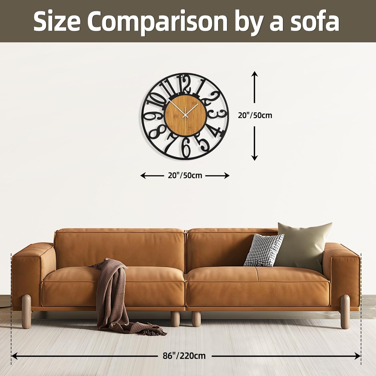 20" Large Wall Clock Modern Wood & Metal Silent Arabic Numerals Home Decor
