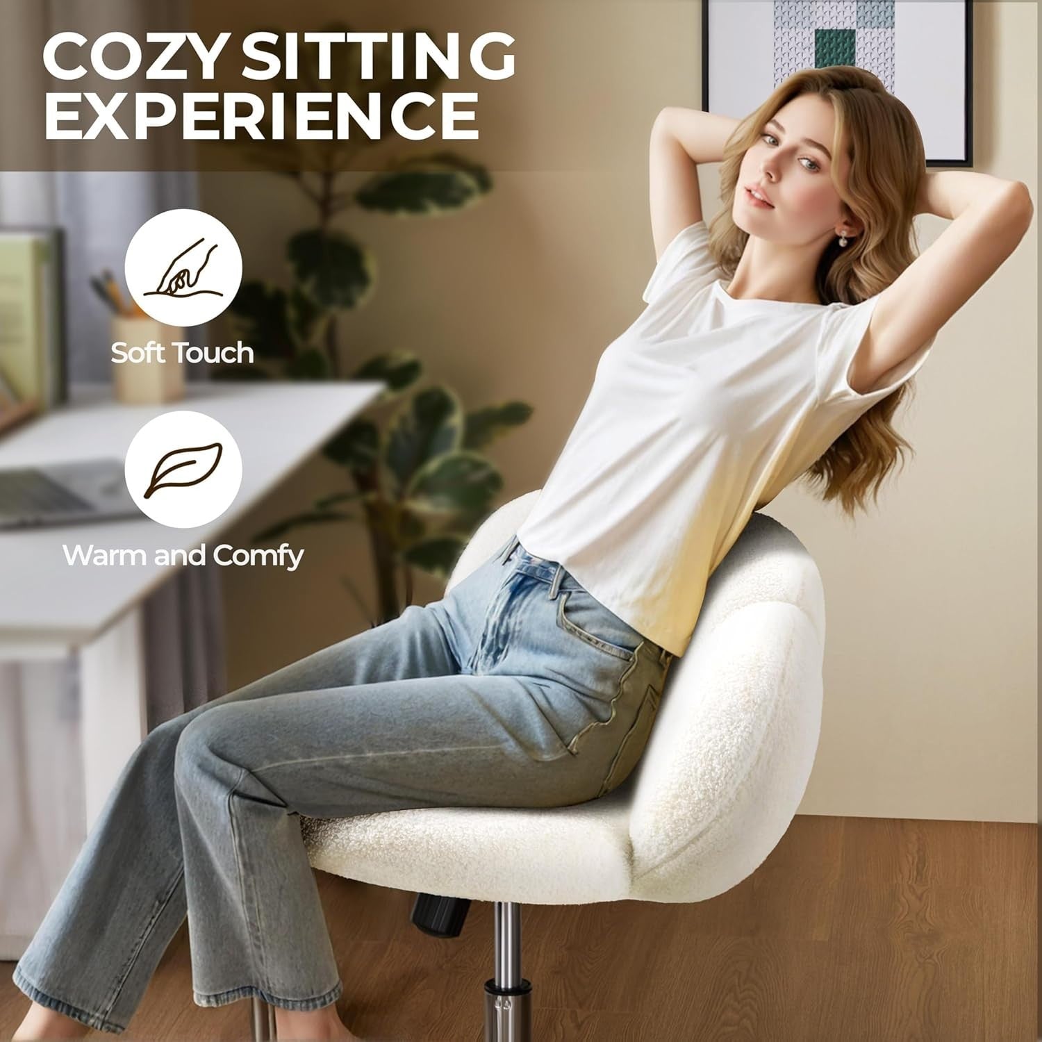 White Boucle Cloud Vanity Chair Swivel Adjustable Desk Chair with Wheels