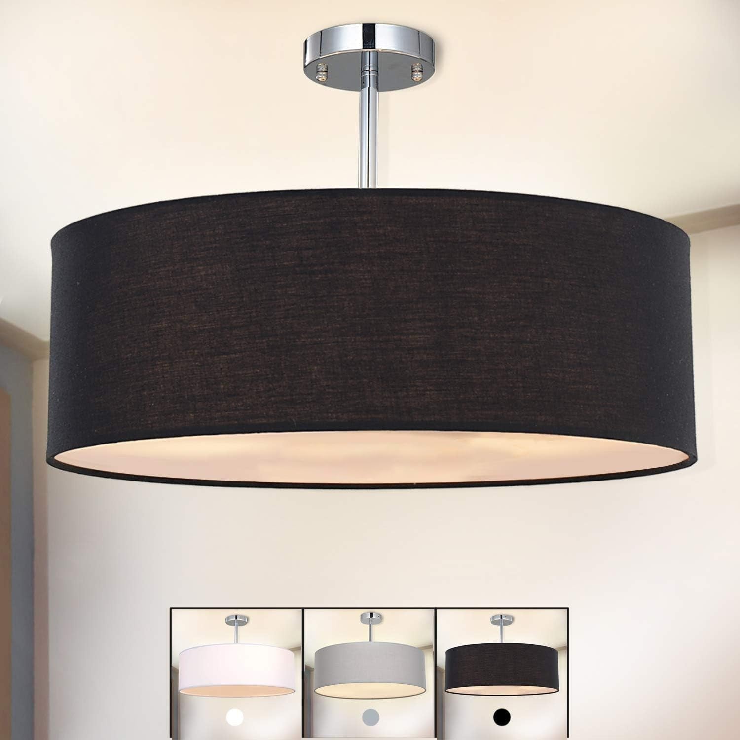 Modern 3-Light Fabric Drum Ceiling Pendant Light Fixture Black 45.5cm