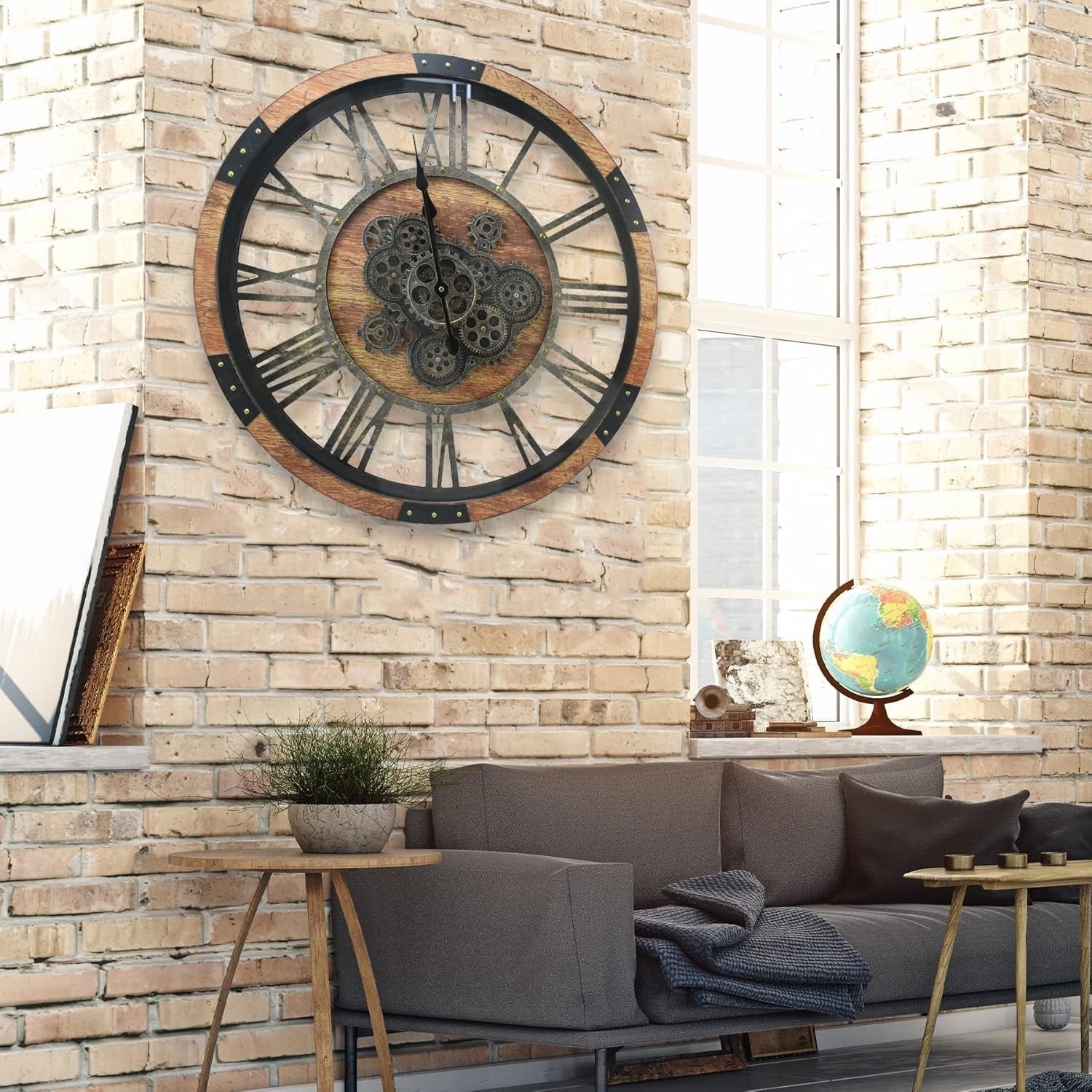 Vintage Industrial Large Wall Clock Rustic Steampunk Wooden Moving Gears