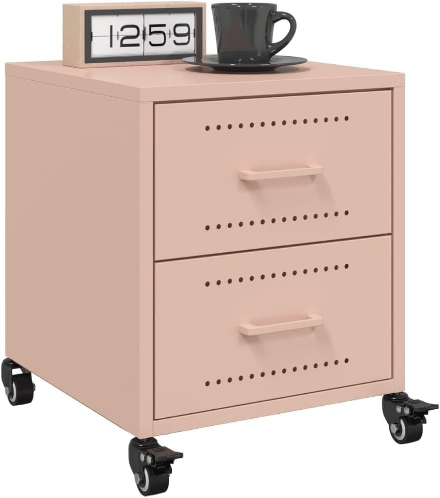 Set of 2 Pink Metal Bedside Tables with Drawers & Wheels | Modern
