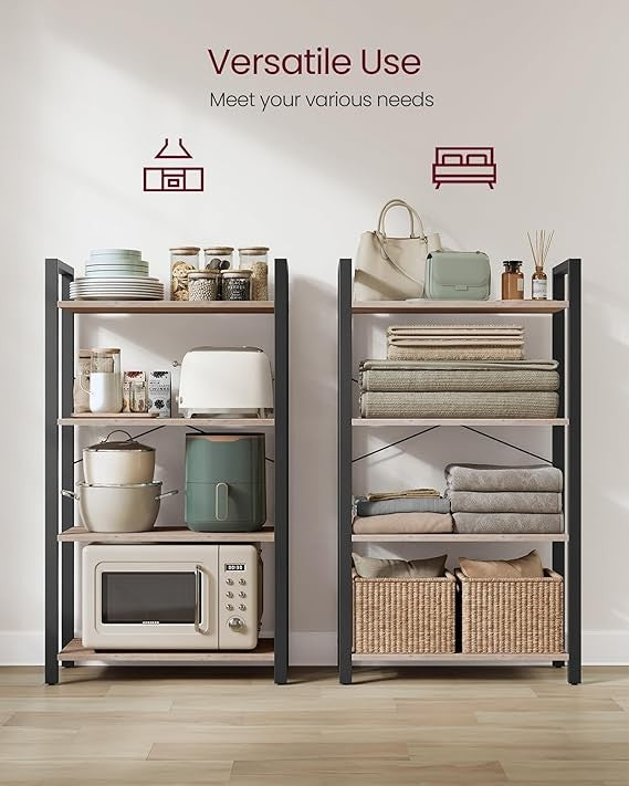 4-Tier Industrial Bookshelf Rustic Greige Metal Wood Storage Shelving Unit