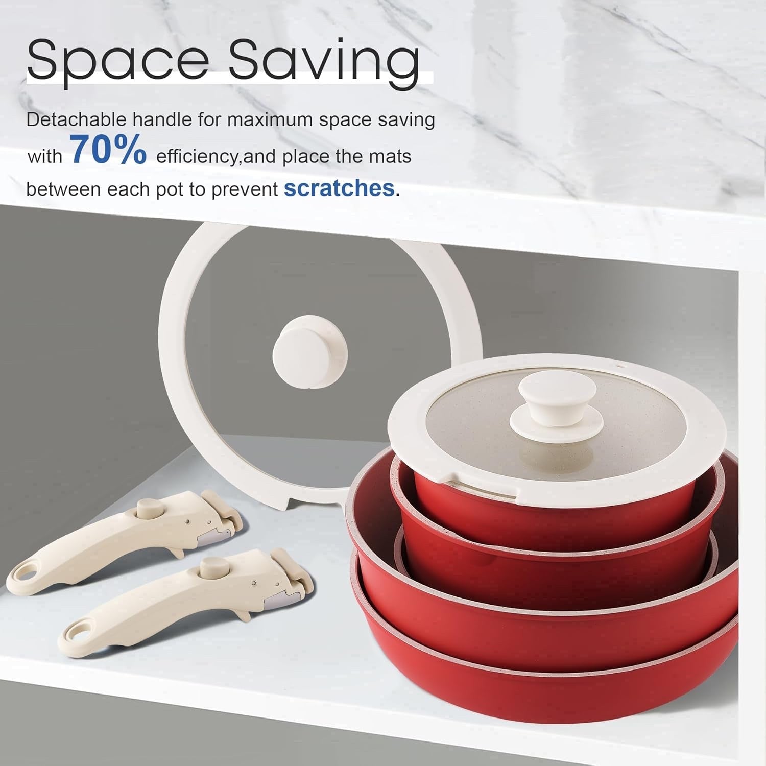 5Pcs Red Pots Pans Set with Glass Lids & Detachable Handle Induction Safe
