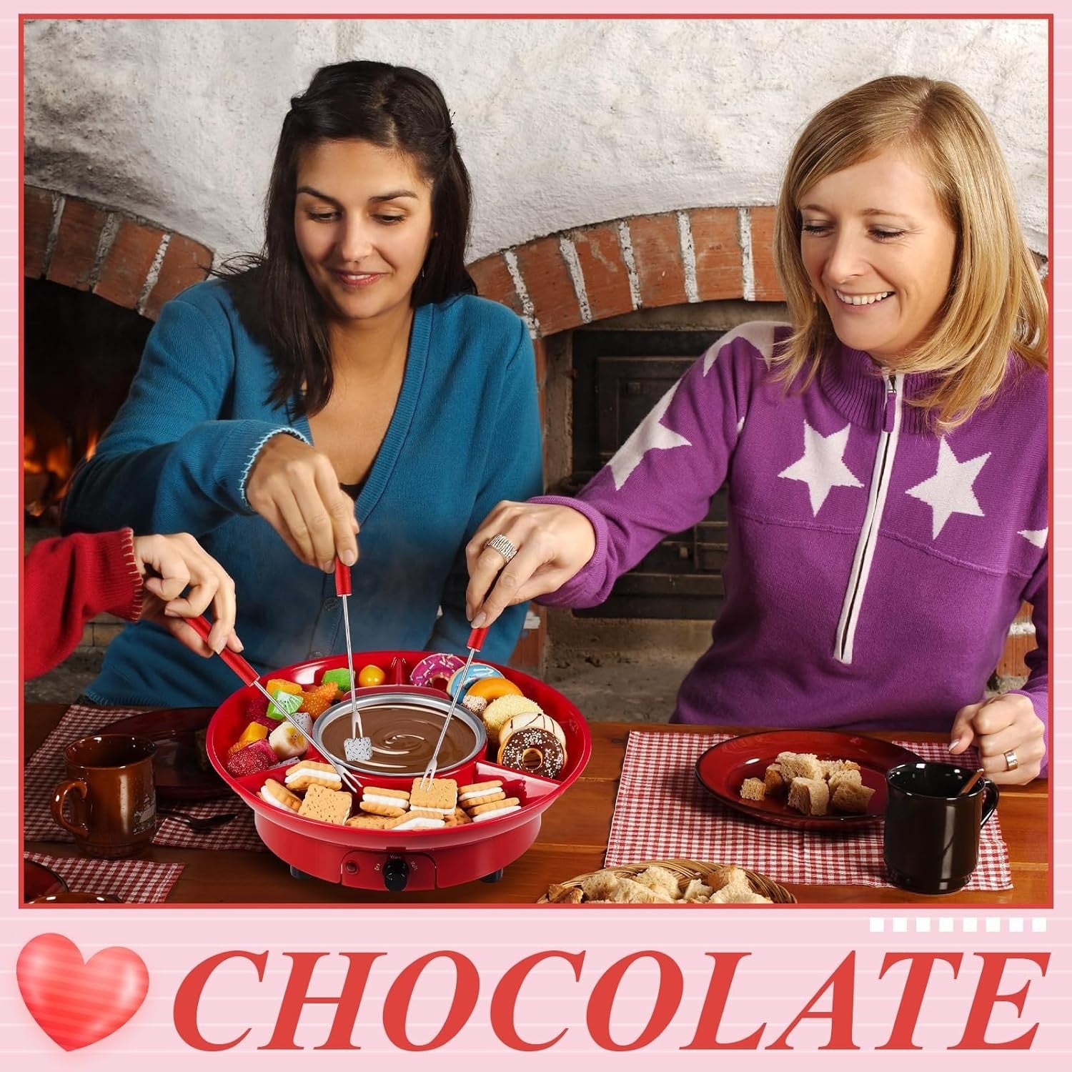 Electric Fondue Pot Set Chocolate Melting Kit Forks Tray Red