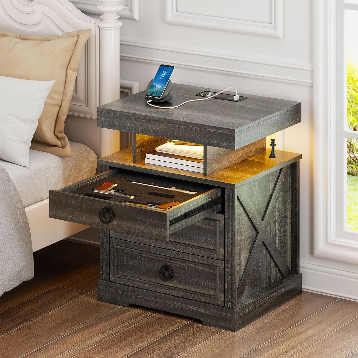 LED Bedside Table with Hidden Drawer, Wireless Charging & Rustic Storage