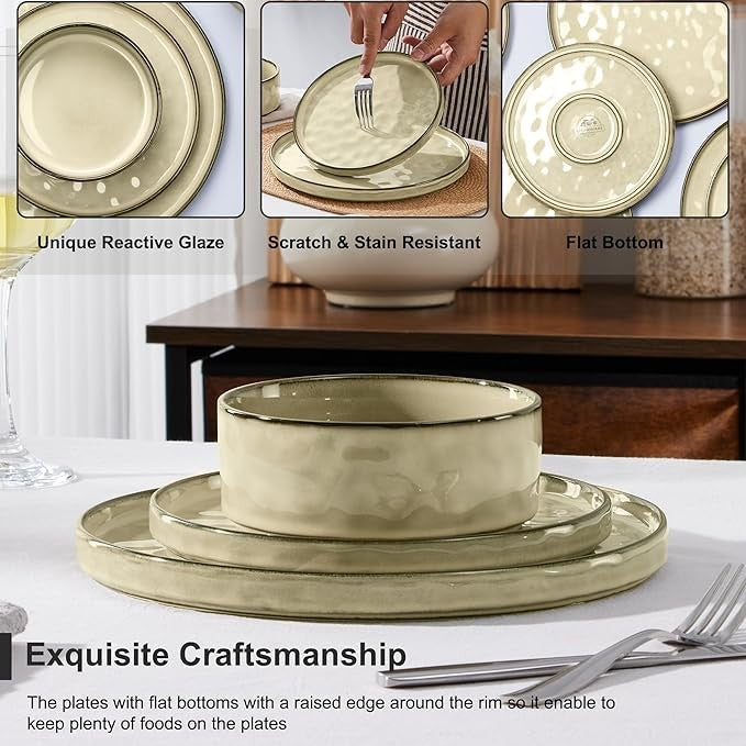 12 Piece Stoneware Dinner Set for 4 Reactive Glaze Plates Bowls Beige