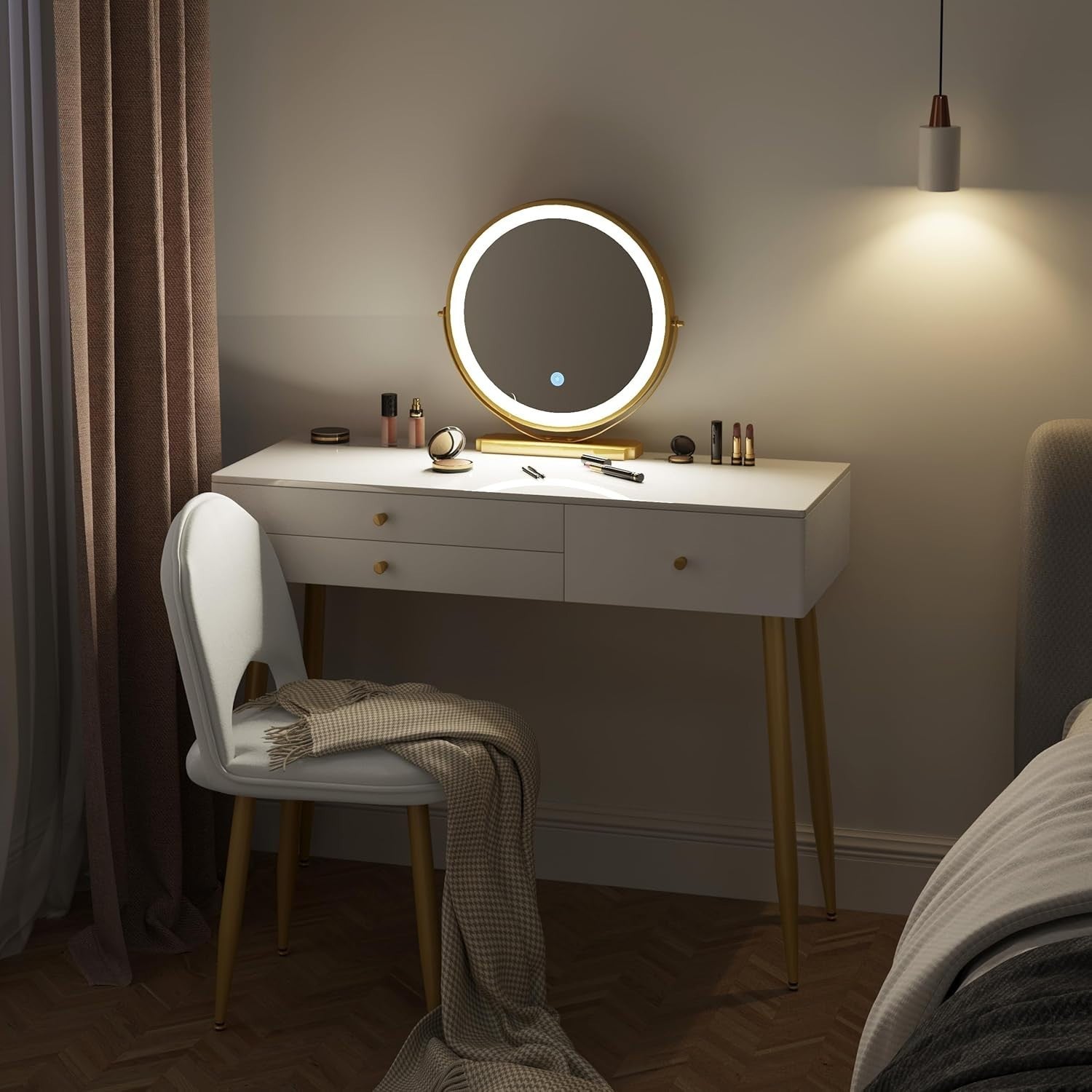 Modern Vanity Makeup Dressing Table Set LED Mirror 3 Drawers Stool White/Gold