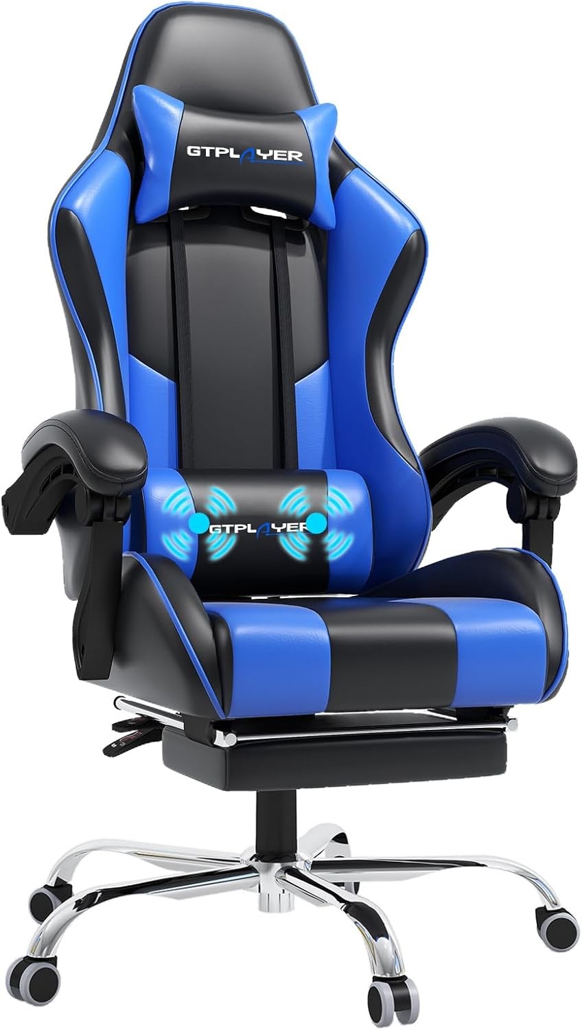 Massage Gaming Chair Reclining Ergonomic Office Chair w Footrest Blue