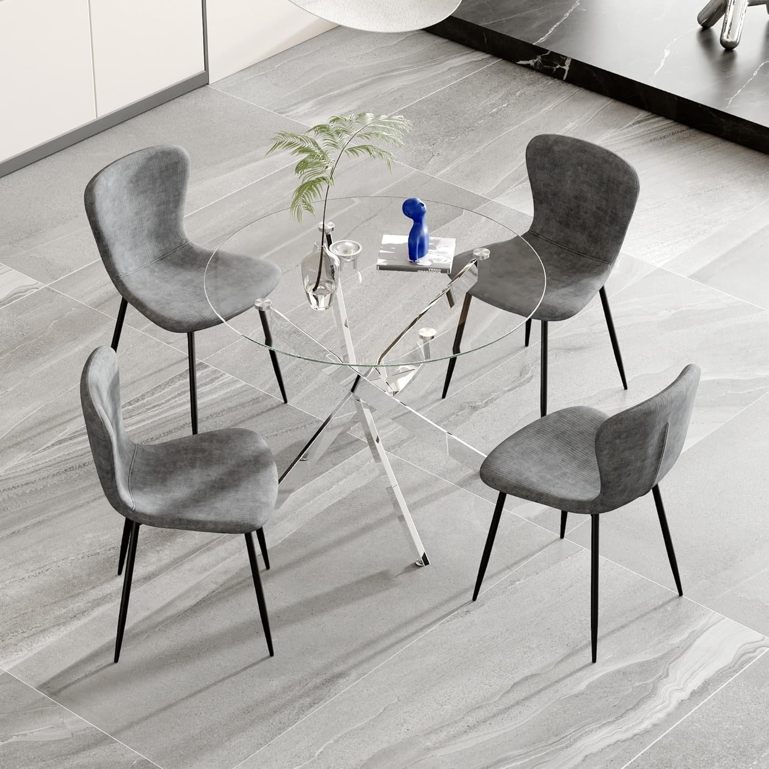 Round Glass Dining Table Set with 4 Grey Velvet Chairs Modern Chrome Legs 100cm