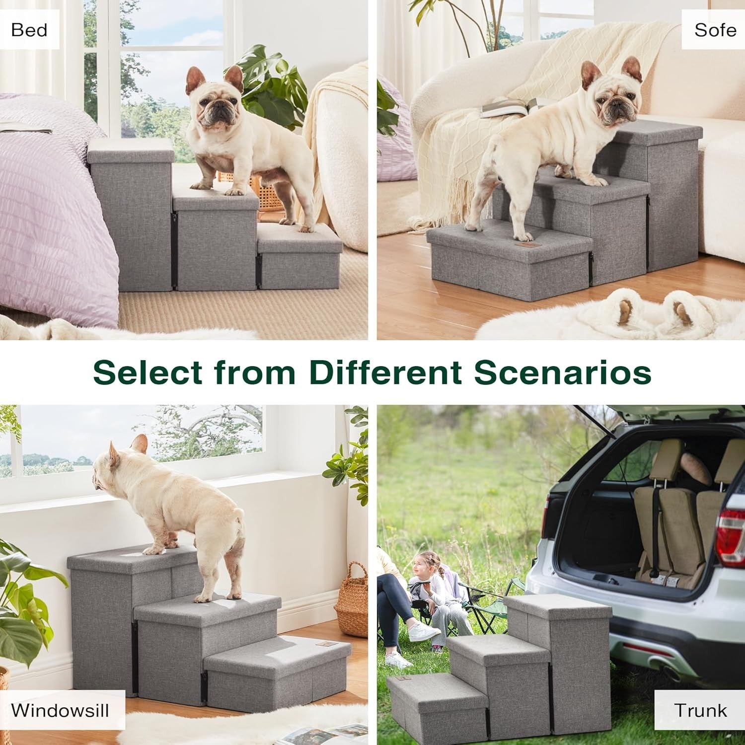 Dog Stairs 3 Step with Storage 18" High Foldable Pet Steps Grey