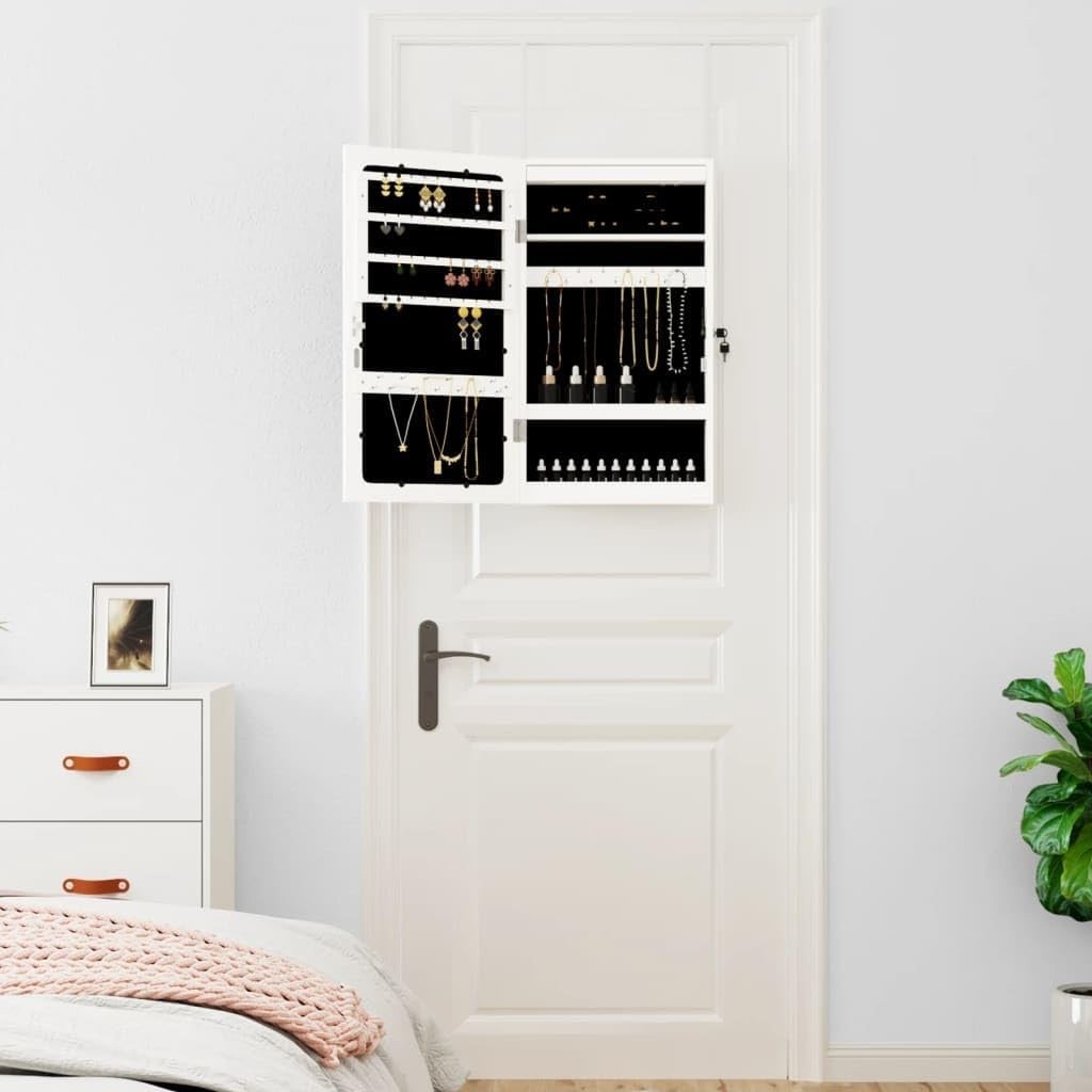Wall Mounted LED Mirror Jewelry Cabinet Lockable Organizer Storage White