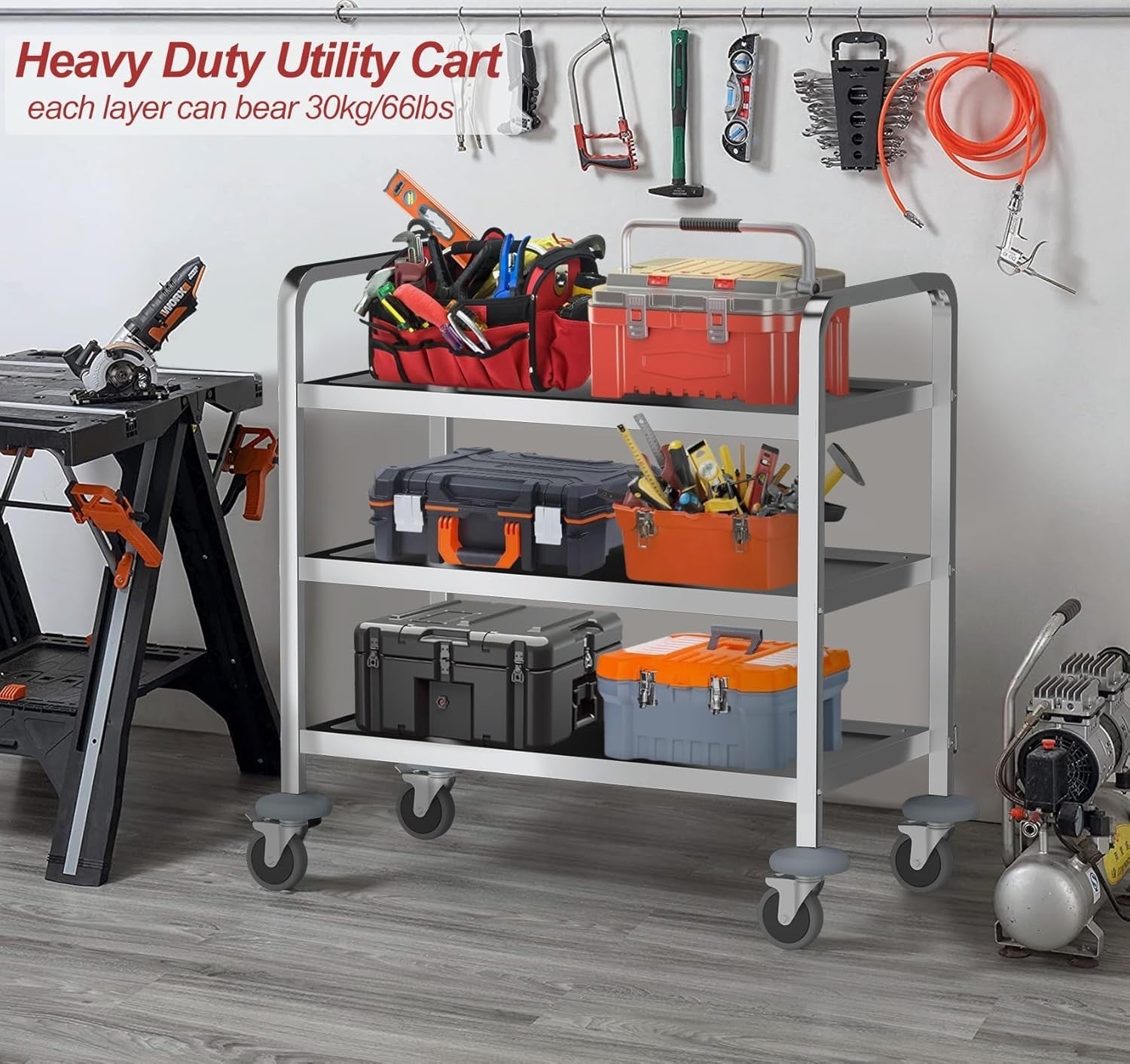 3 Tier Stainless Steel Catering Trolley w/ Locking Wheels