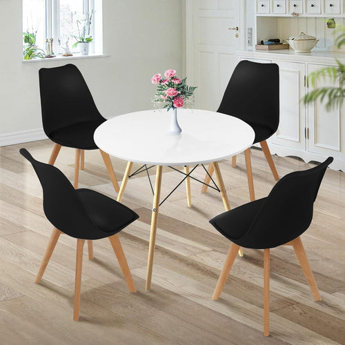 Round Dining Table & 4 Black Chairs Set – Compact, Padded, Modern Design