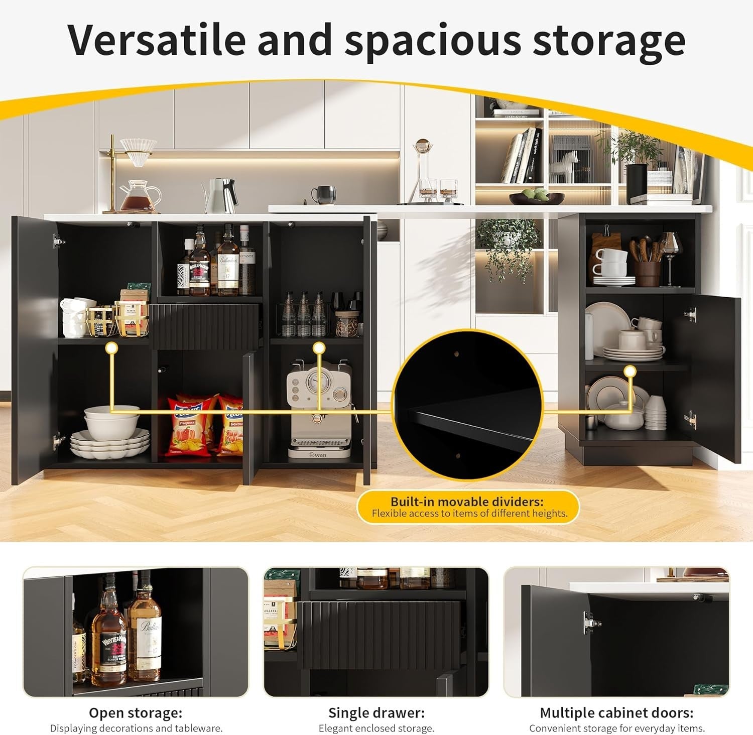 360° Swivel Bar Table with 4 Doors & Drawer Marble Top Storage Cabinet Black