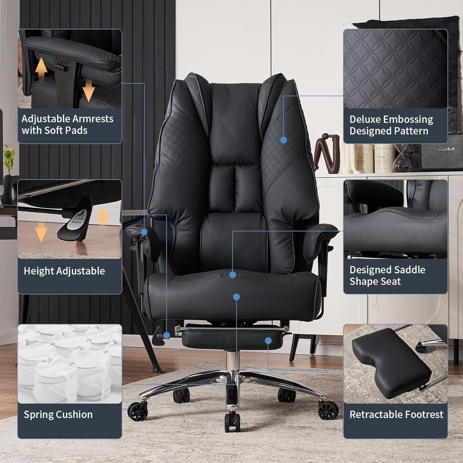 Oversized Heavy Duty Office Chair Big & Tall Ergonomic PU Leather Swivel Black