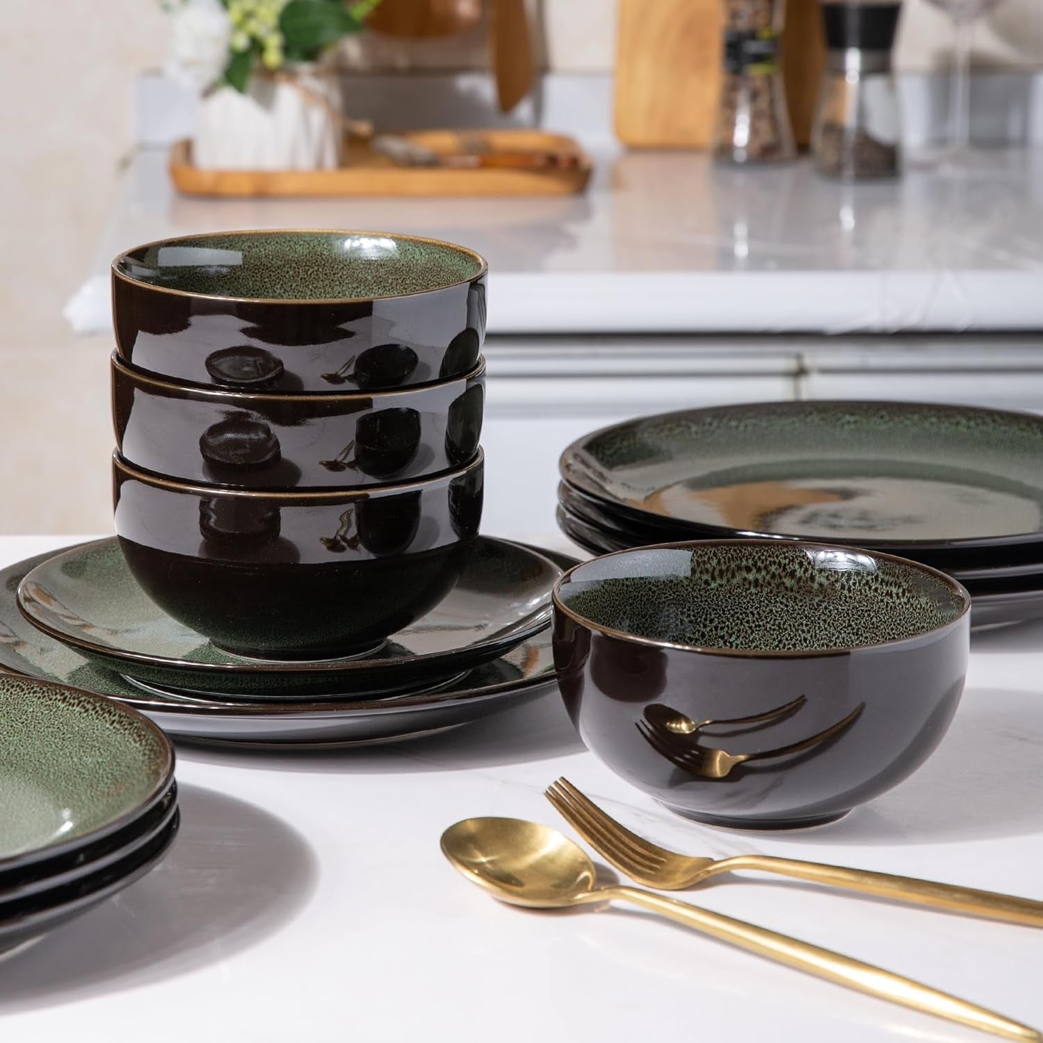 12 Piece Stoneware Dinner Set for 4 Jade Green Reactive Glaze Plates Bowls