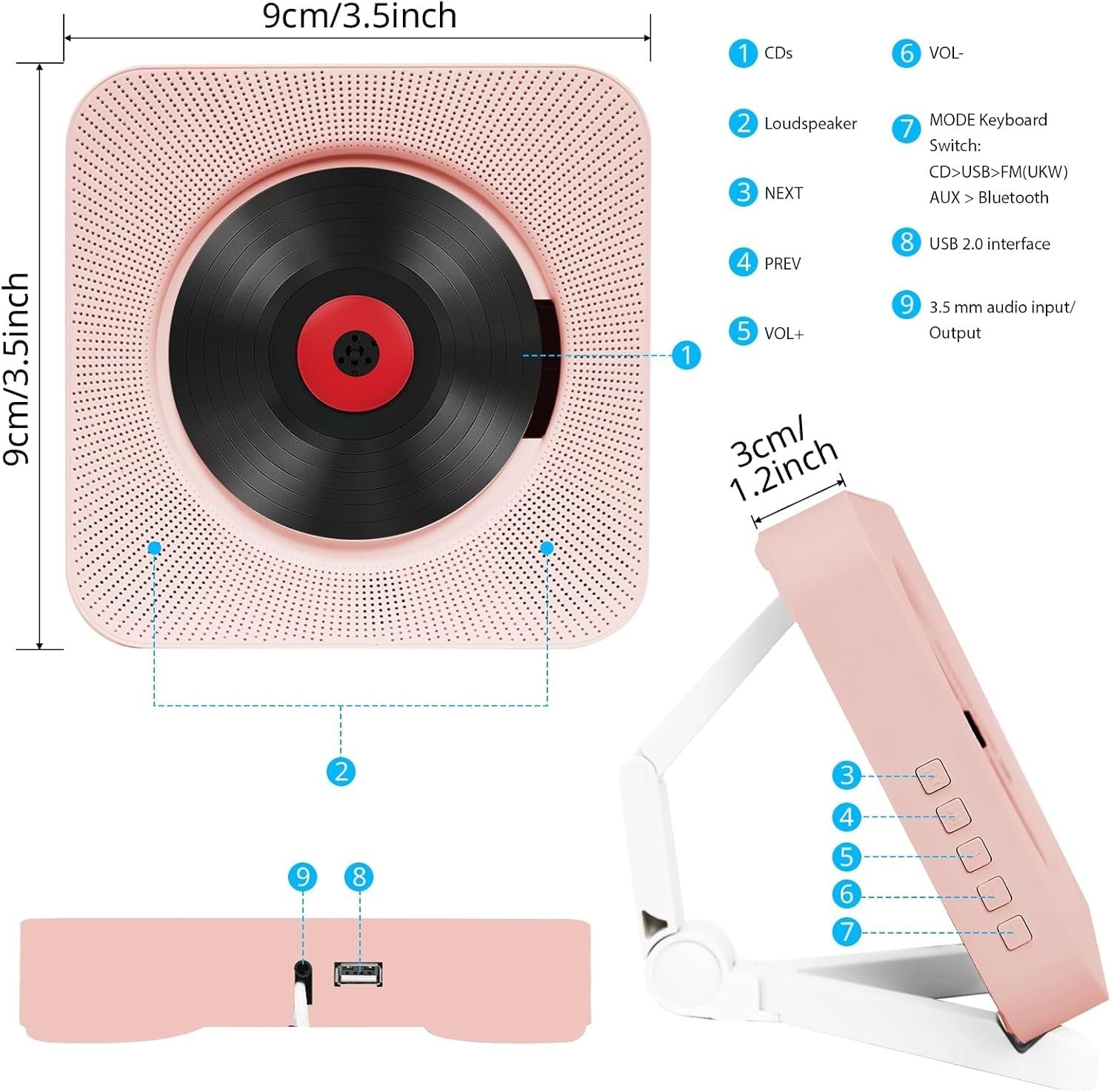 Pink Bluetooth CD Player Wall Mount Desktop HiFi Speakers FM Radio Remote