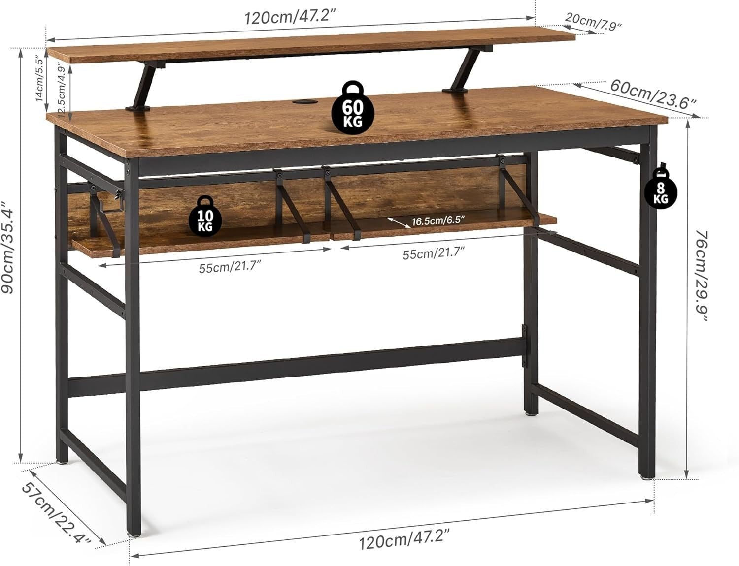 Rustic Brown Computer Desk 120cm with Monitor Stand & Adjustable Shelves
