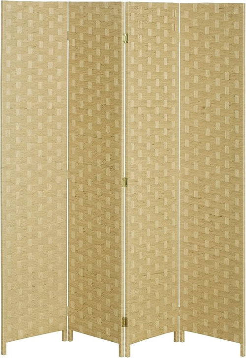 4 Panel Folding Room Divider – Brown Woven Privacy Screen for Bedroom
