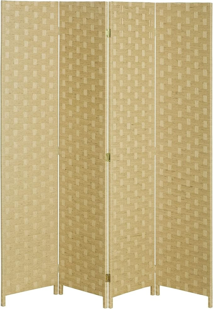 4 Panel Folding Room Divider – Brown Woven Privacy Screen for Bedroom