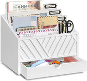 Wood Desk Organizer with 4 Compartments & Drawer – Mail, Files, Stationery