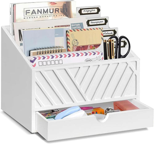 Wood Desk Organizer with 4 Compartments & Drawer – Mail, Files, Stationery