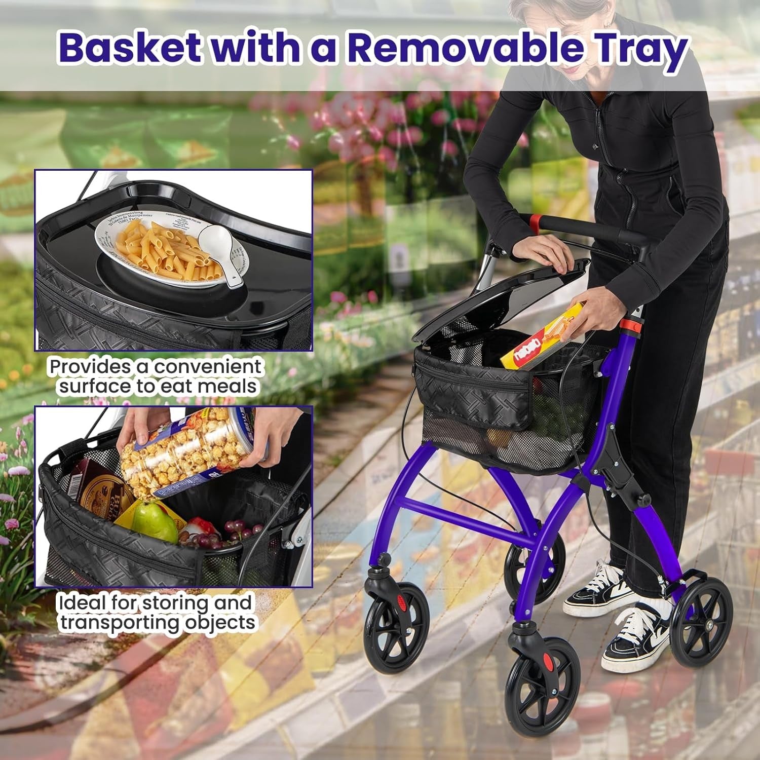4 Wheel Rollator Walker Lightweight Folding Mobility Aid Brakes & Tray