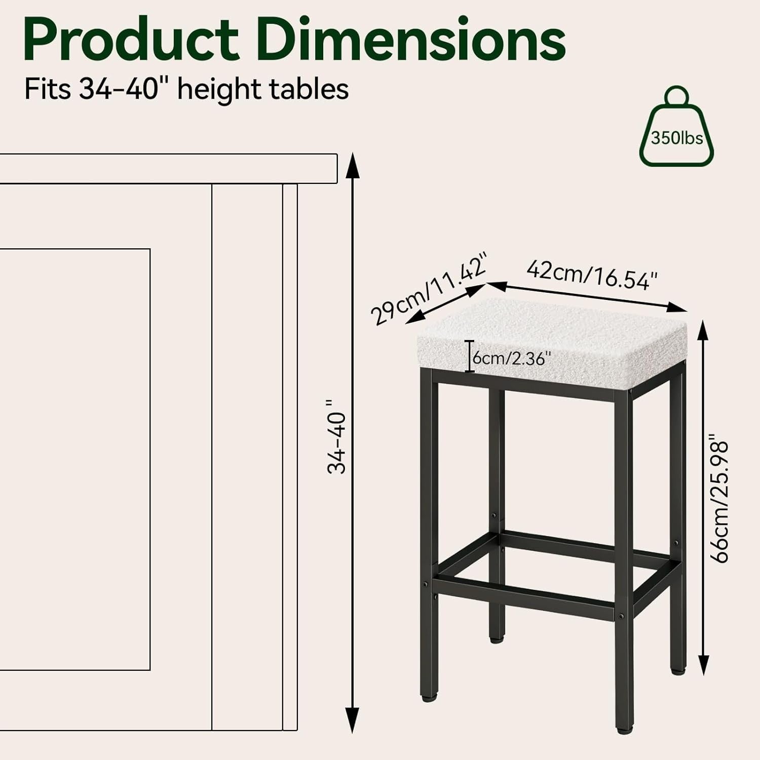 White Bar Stools Set of 2 Counter Height Kitchen Chairs 66cm