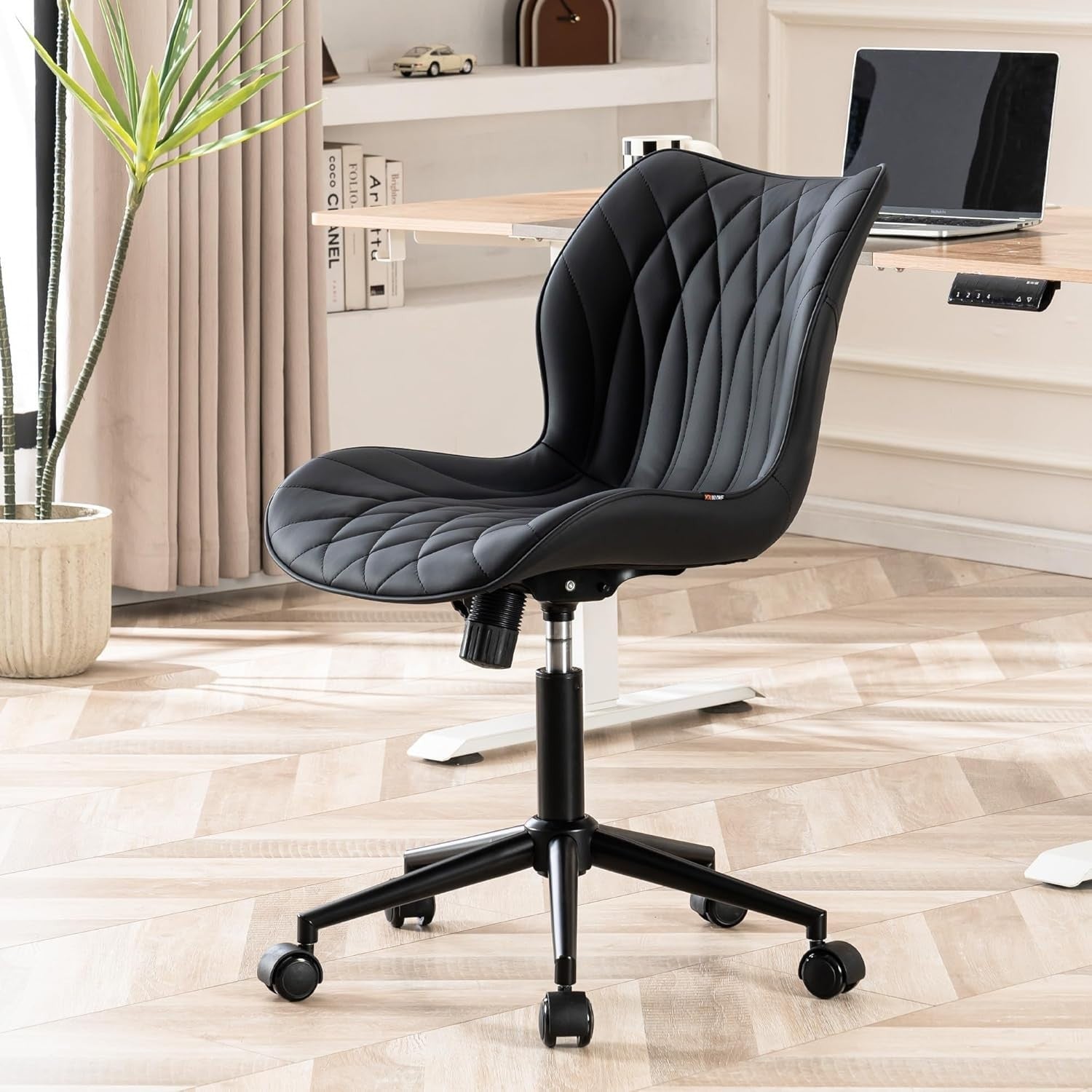 Ergonomic Armless Home Office Desk Chair Swivel Rocking Vanity Faux Leather Max