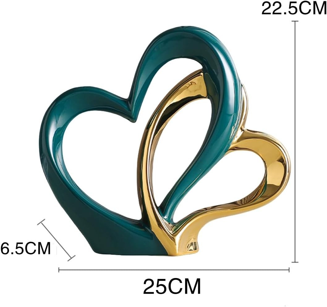 Modern Double Heart Ceramic Sculpture Green Gold Ornament Luxury Home Decor Gift