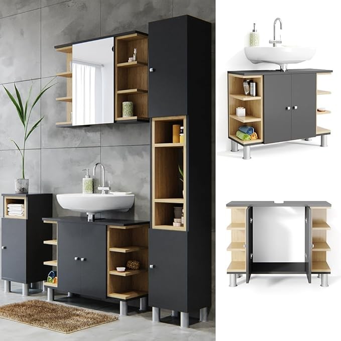 Anthracite Bathroom Sink Cabinet 79x64x32cm Oak Storage Unit with Shelves