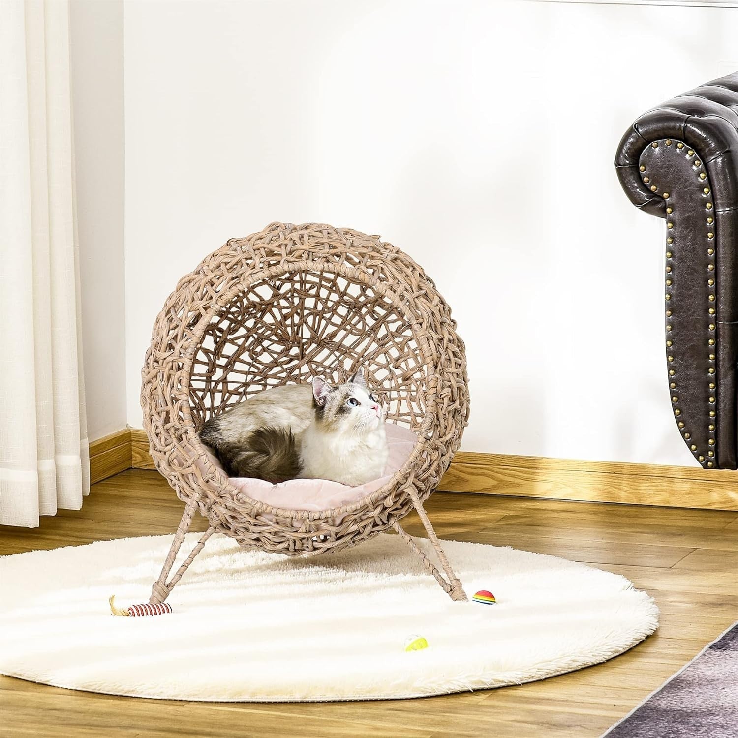 Ball Shape Wicker Cat House Raised Rattan Bed w Cushion Natural