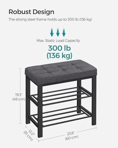 3 Tier Shoe Rack Bench Padded Seat Metal Frame Grey Black Entryway Storage Unit
