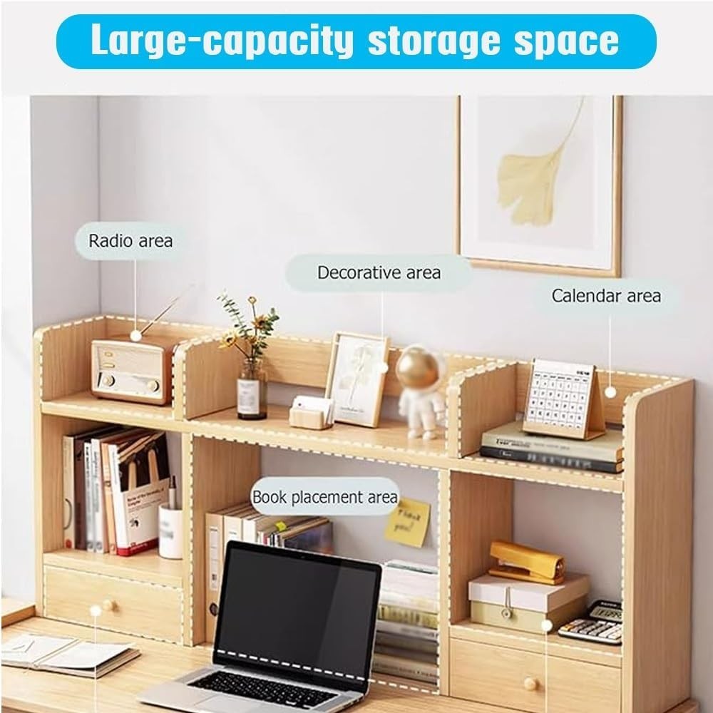 3-Tier Wood Desk Hutch Organizer w/ Drawers | Desktop Bookshelf Storage 80x16x52