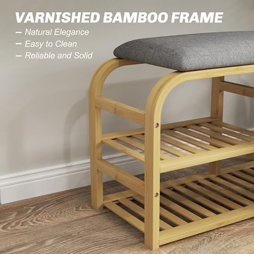 Natural Bamboo Shoe Storage Bench with Cushion & Basket 2 Shelves Entryway