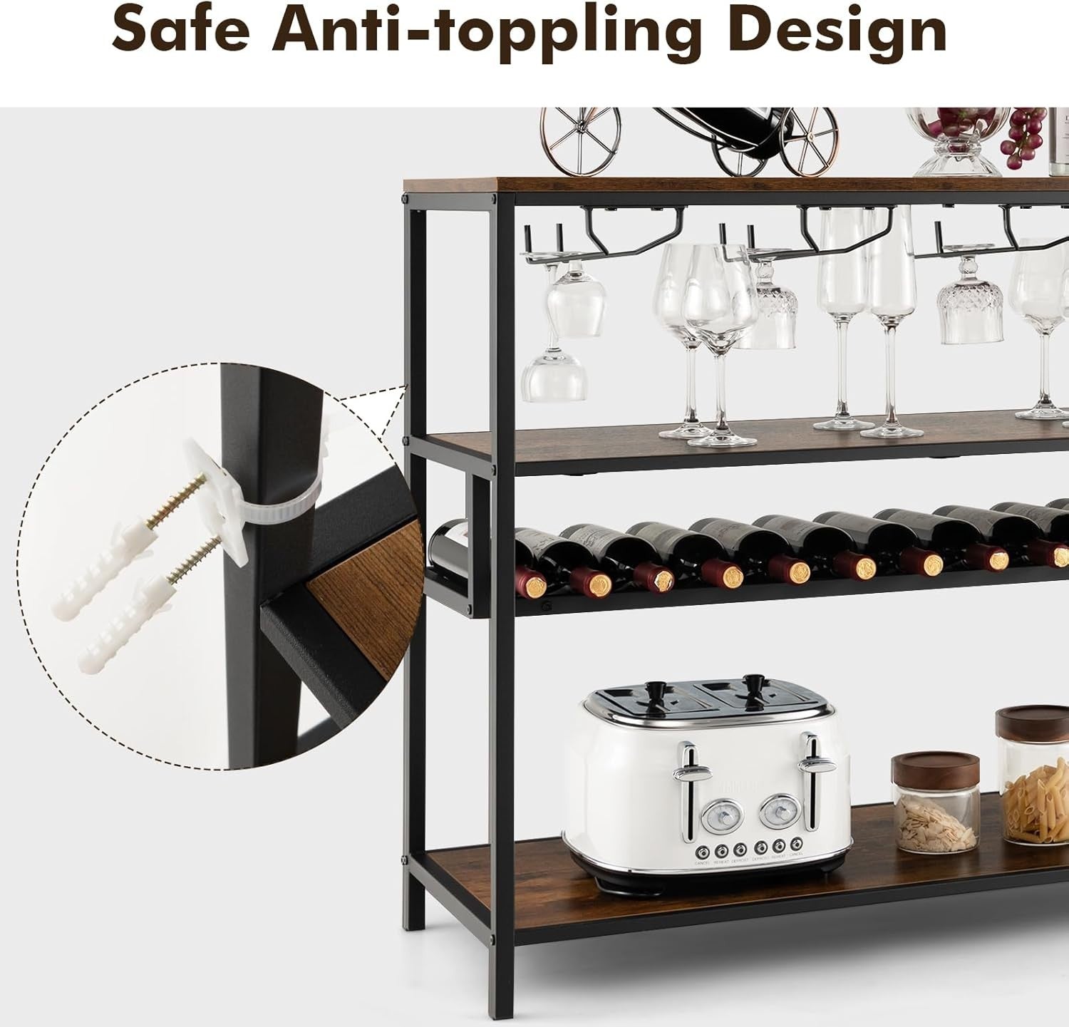 4-Tier Wine Rack Bar Table with Glass Holder, Rustic Shelving Unit 102x40x87cm