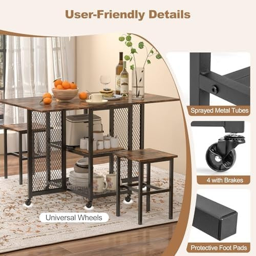 Drop Leaf Folding Dining Table Set with Stools Storage Shelves Space Saving
