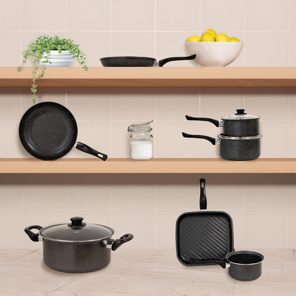 10Pcs Marble Non Stick Cookware Pots and Pans Set with Glass Lids & Grill Pan