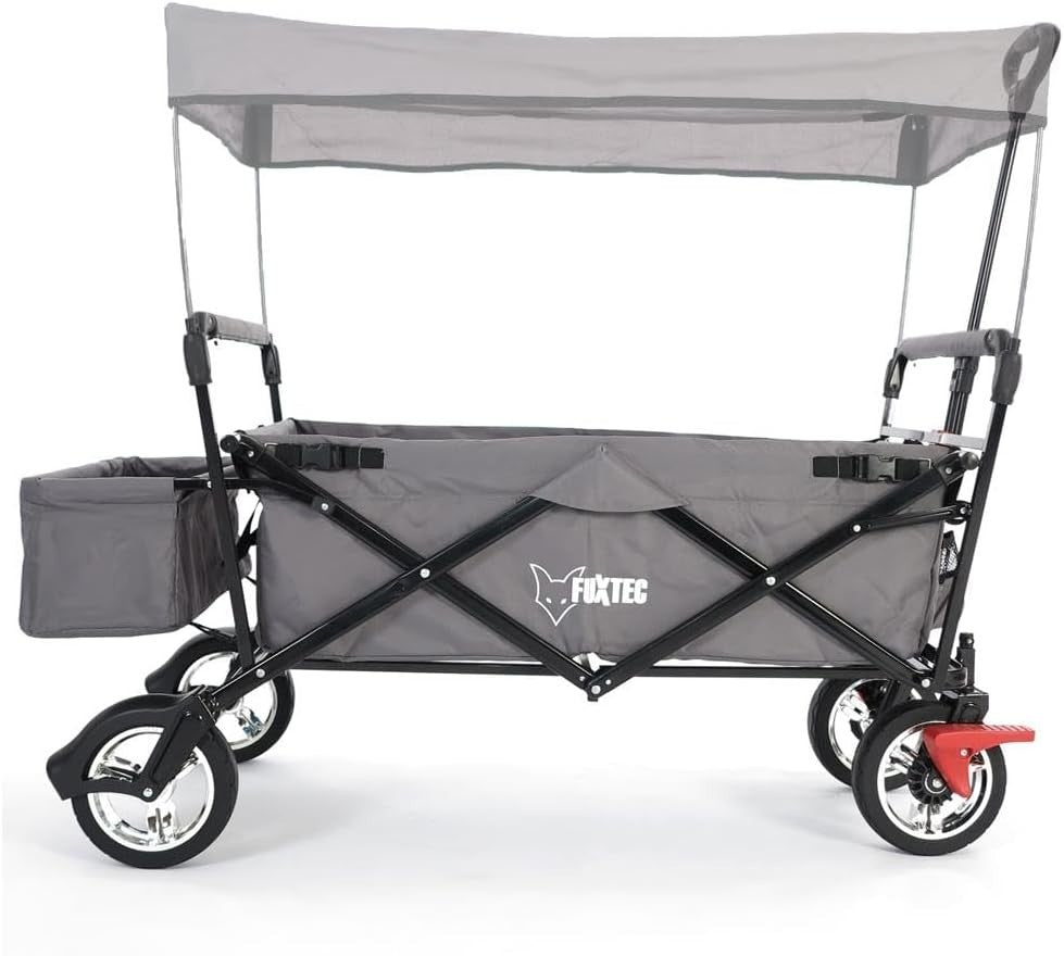 Grey Kids Folding Wagon Push Pull Stroller Cart w/ Canopy & Storage Bag