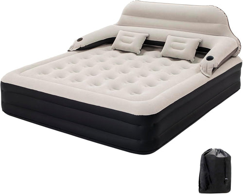 King Size Inflatable Air Bed Mattress w Headboard Pillows Fast Pump