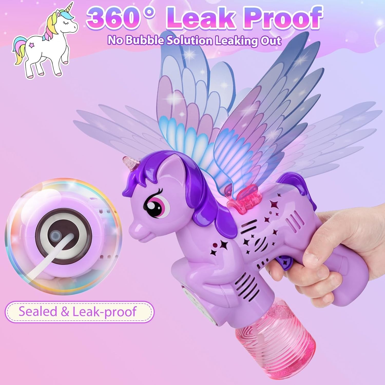Unicorn Bubble Gun LED Light Wings Purple Toy