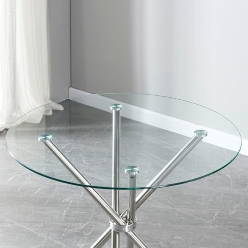 90cm Round Glass Dining Table with Silver Metal Legs Compact Kitchen Table