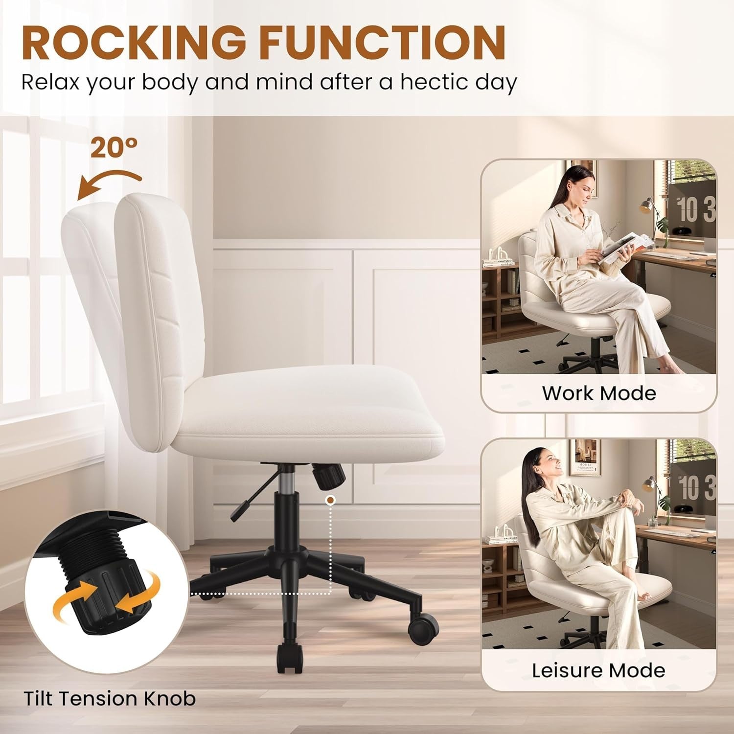 Armless Office Desk Chair Padded Cross Legged Swivel Adjustable Height Beige