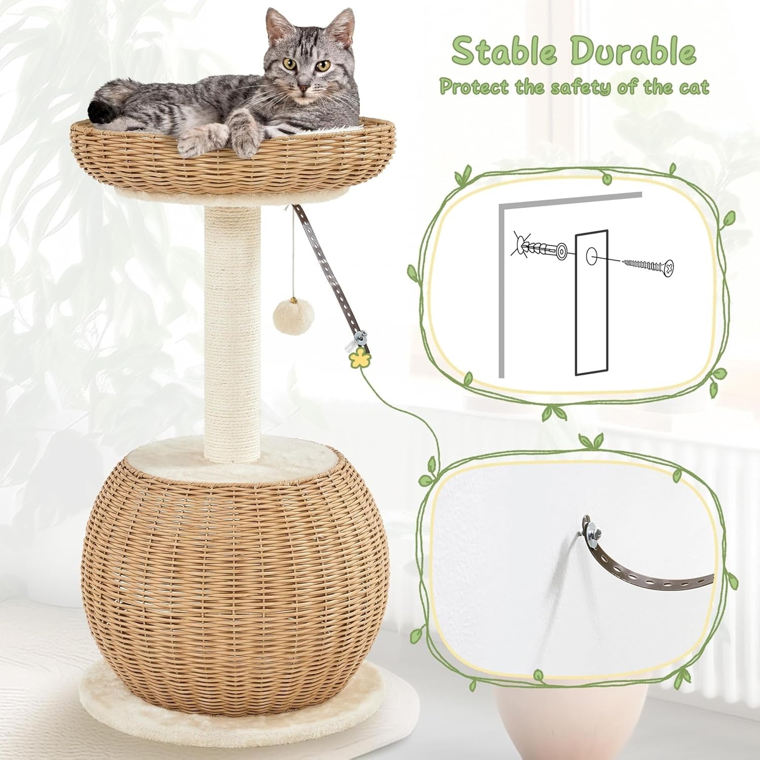 Rattan Cat Tree Tower 75cm Luxury Condo with Top Perch Scratching Post