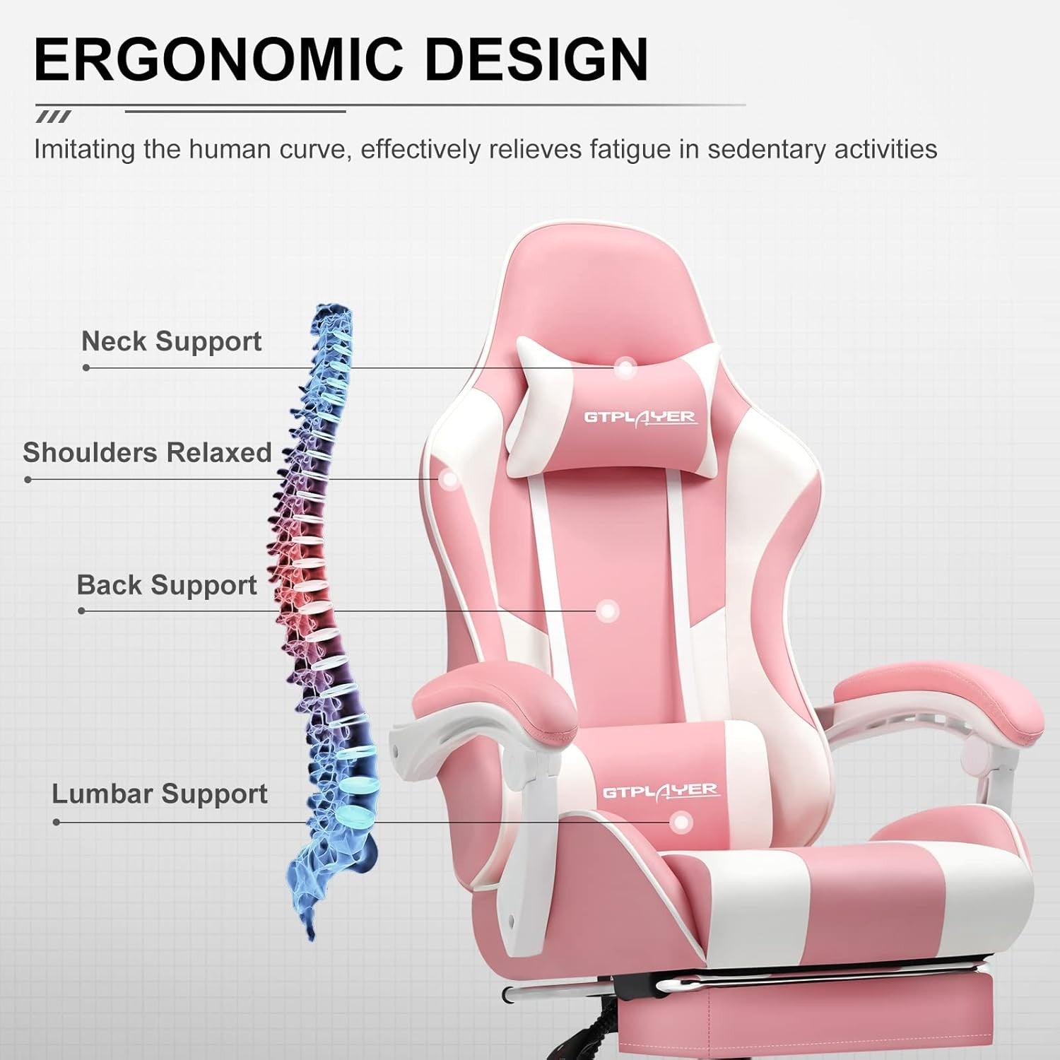 Ergonomic Gaming Chair Massage Lumbar Footrest Pink Recliner