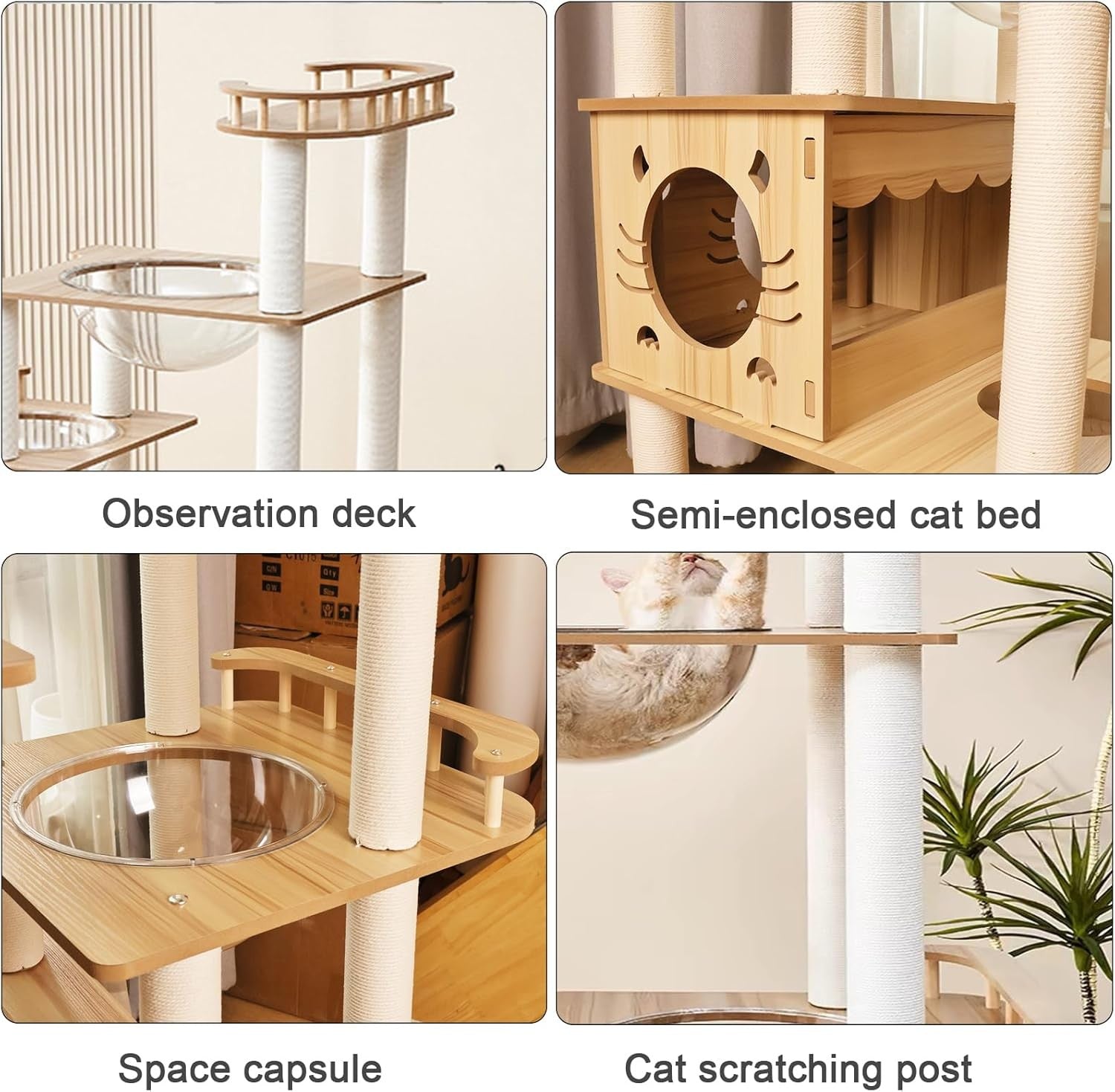 185cm Cat Tree Tower White & Wood Multi Level Scratching Posts Condo Capsules