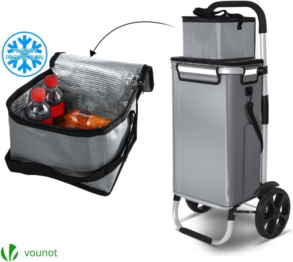 58L Folding Shopping Trolley Grey Aluminium Basket with Insulated Bag
