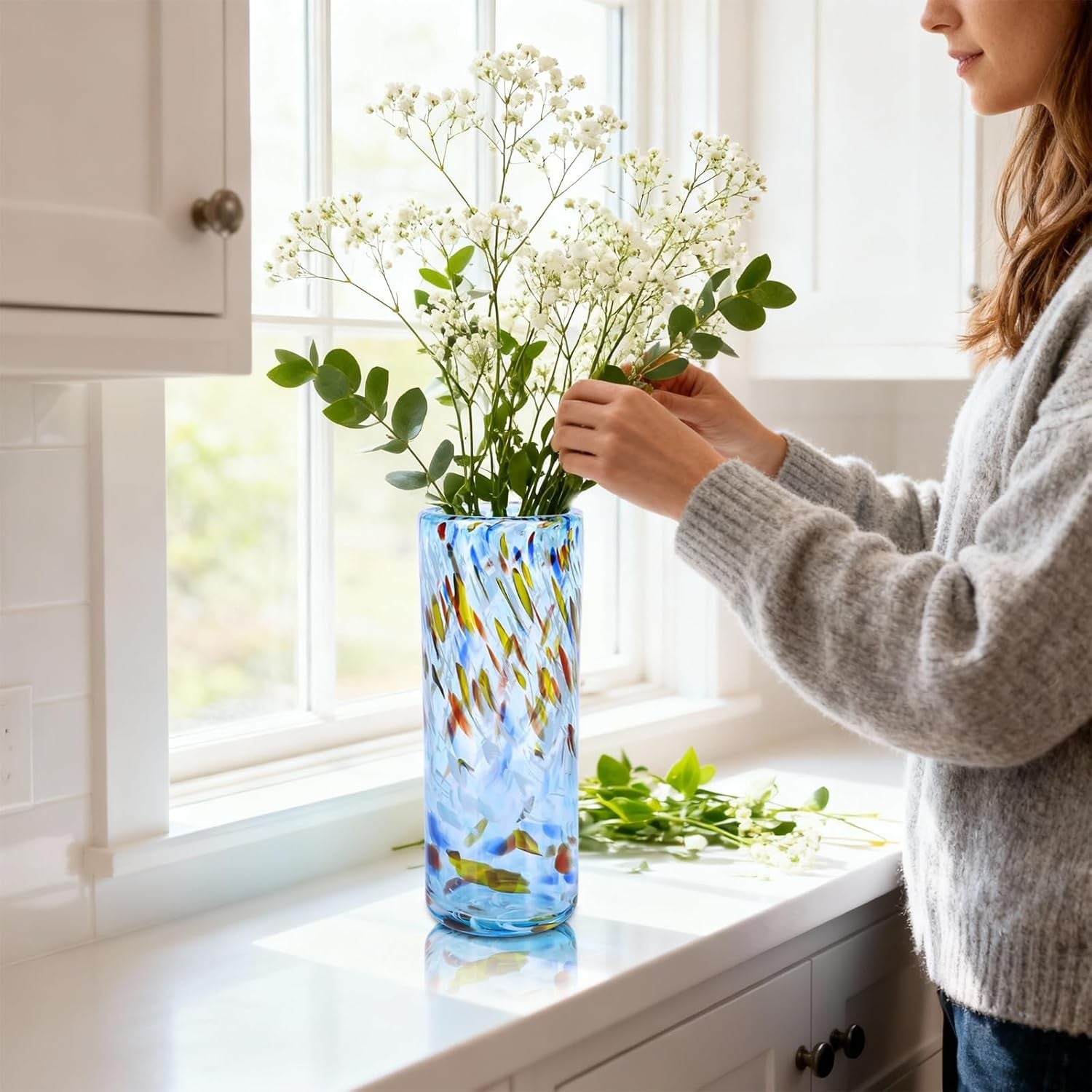 Hand Blown Aqua Glass Vase 24cm Tall Modern Flower Centerpiece Decor